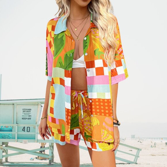 Womens Boho Button Down Short Set Summer to Fall Two-Piece Outfit Sizes S-XL - Picture 2 of 4